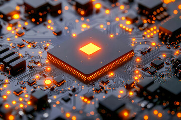 Close-up of illuminated electronic microchip on circuit board with glowing orange lights