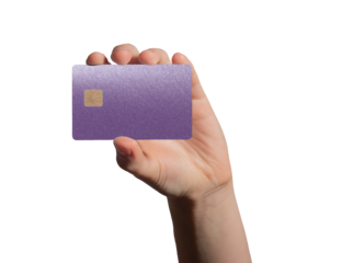 holding a violet and purple gradient bank card for payment at an ATM, symbolizing secure financial