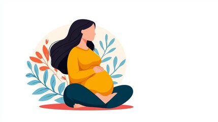 Illustration of a pregnant woman sitting peacefully in nature, emphasized by vibrant leaves and a serene expression.