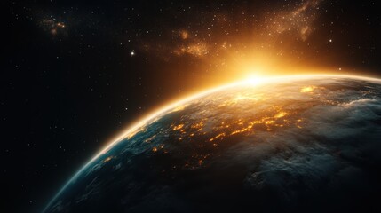 A breathtaking view of Earth from space at sunrise, showcasing the planet's surface illuminated with golden hues, highlighting the beauty of our home in the cosmos.