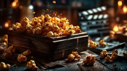 Caramel Popcorn Bursting from Rustic Wooden Box with Clapperboard Background perfect for movie night visuals, cinema snack ads, entertainment blog headers and vintage theater promotions