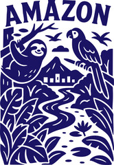Amazon jungle with sloth and parrot in bold graphic style