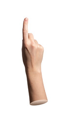 Index finger pointing up in straight gesture showing tap and press action. Close up of hand