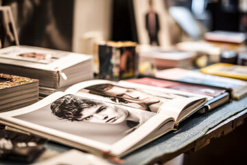 Collection of magazines and photo books featuring black and white portrait images on a table