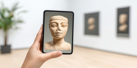 A hand holds a tablet displaying a sculpture, set in a gallery with framed art in the background. Concept: nft technology meets art, digital display, gallery setting