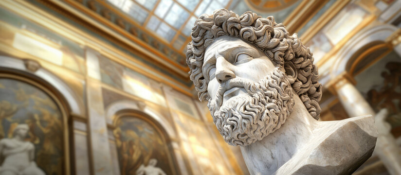 Marble statue of a bearded man with curly hair is displayed inside a grand building with arched windows and ornate architecture. Historic art, classical sculpture