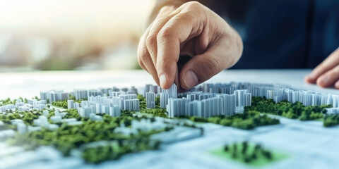 Fototapeta premium A hand is positioning a building model on a miniature cityscape layout. Urban planning and model construction
