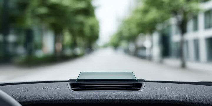 Car dashboard with a transparent panel in an urban setting. Modern automotive interior technology - Powered by Adobe