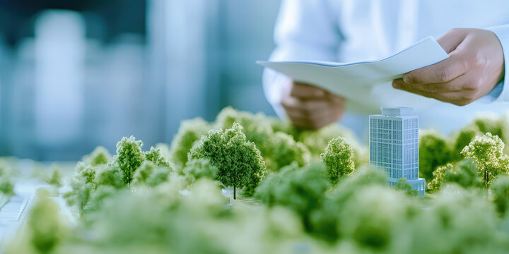 Person examining architectural scale model with trees and a building. Concept: urban planning and architecture - Powered by Adobe