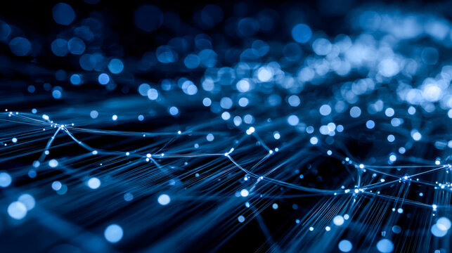 Abstract digital network with glowing nodes and connections in a futuristic blue sci-fi style