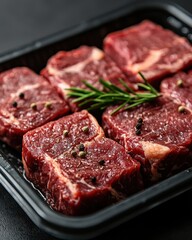 Raw beef steaks seasoned with pepper and salt, garnished with rosemary on a black tray