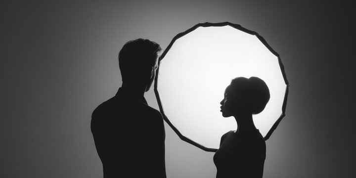 A man and a woman are silhouetted against a circular light source, facing each other. Concept: silhouette, interaction, contrast