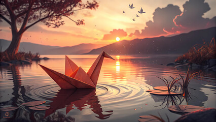 Sunset lake origami crane paper boat reflection peaceful nature landscape scenic beauty relaxation calm water art