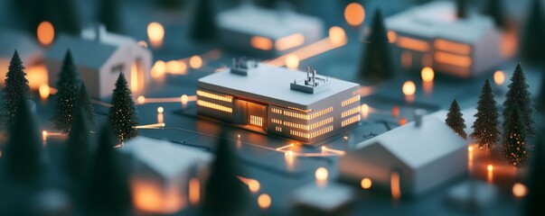 Miniature Cityscape Building, Trees and Glowing Lights, Tiny, Model