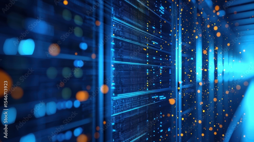 Poster Futuristic glowing server racks with floating data particles in a blue-lit corridor, symbolizing high-speed data transfer, digital infrastructure, network communication, and modern cloud technology