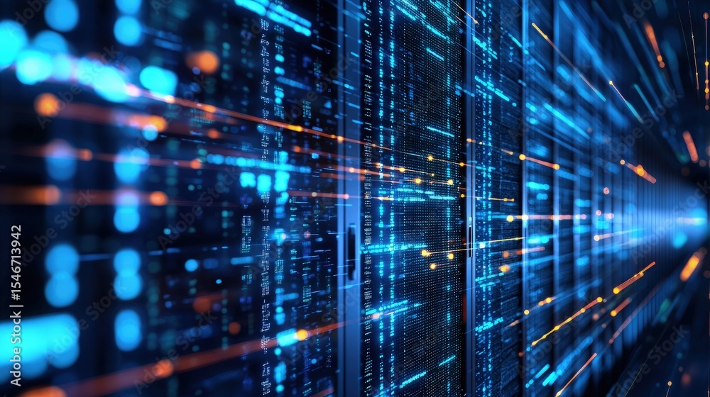Aufkleber High-speed data streams across futuristic glowing server racks in a blue-lit corridor, symbolizing digital connectivity, cloud computing, modern network infrastructure, and information technology