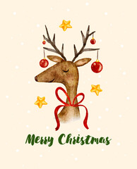 Watercolor christmas card with reindeer portrait and ornaments, merry christmas. Vector illustration