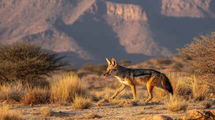 Fototapeta premium Majestic Jackal Walking in Arid Desert Landscape at Sunset Glow