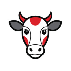 A cartoon cow face with red spots and horns isolated on white background in a cute and simple design