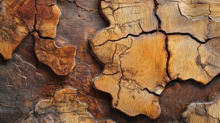 Fototapeta premium Close-up of weathered, cracked, and textured wood surface showing rich brown and amber tones.