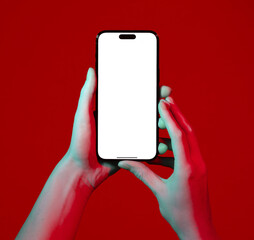 Phone held in hands with blank screen mockup. Modern smartphone device, digital technology, app use,