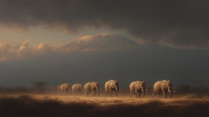 Fototapeta premium Elephants Walking Near Mount Kilimanjaro Under Dramatic Skies