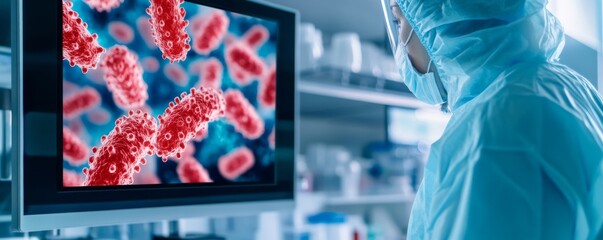 Scientist Analyzing Virus on Screen in Lab, Virology, Research