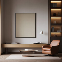 Modern living room with a comfortable leather armchair minimalist credenza and illuminated shelving unit