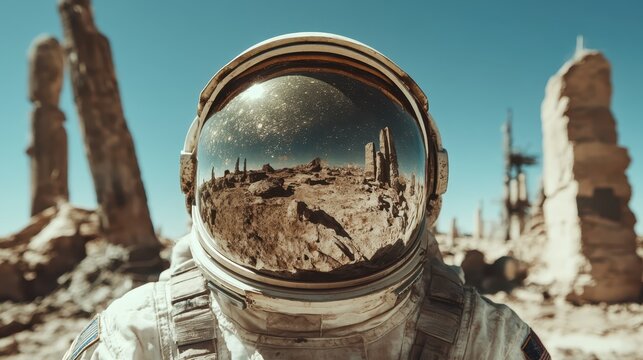A striking image of an astronaut exploring an alien landscape, reflecting humanity's curiosity and desire for discovery in the vastness of space.