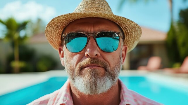 An older man with sunglasses and a straw hat stands confidently by a luxurious pool, embodying relaxation and sophistication in a sunlit outdoor setting.