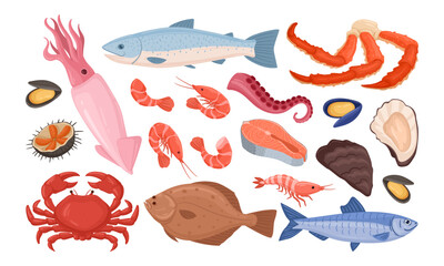 Raw sea food. Delicious fish, lobster, oyster, octopus and shellfish, fresh ocean seafood flat vector illustration set. Cartoon mediterranean diet elements