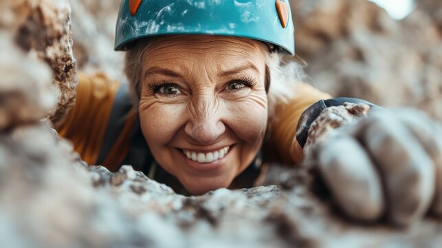 An inspiring image of a climber scaling a rocky surface with a joyful expression, representing determination, strength, and the joy of conquering challenging heights.
