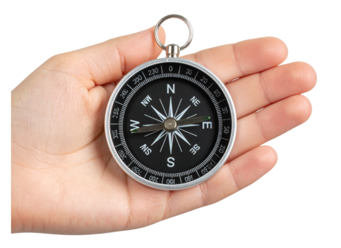  Top-Down View of Open Palm Holding Compass over Flat Surface, Transparent PNG