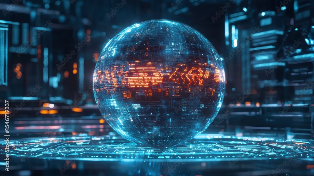 Poster futuristic glowing orb on a digital platform in a cyberpunk city.