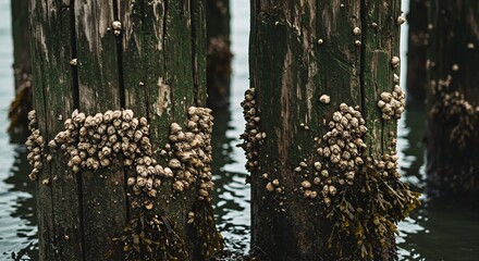 Barnacles on weathered wooden pilings in the sea