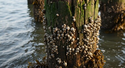 Barnacles on a weathered wooden post, close-up view, serene coastal scene