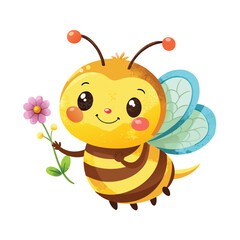 A cute cartoon bee is holding a flower isolated on white background