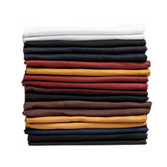 Stacked neatly, this collection of folded shirts showcases variety of colors, including white, navy, red, and mustard, creating visually appealing