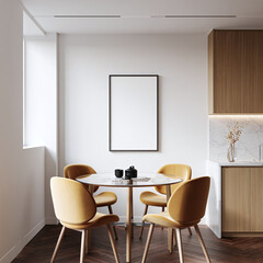 Modern dining area with a round table and four mustard yellow chairs against a white wall with a blank frame