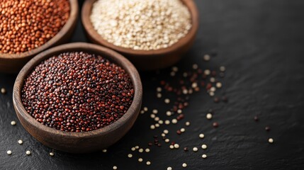 A visually appealing arrangement of various grains in wooden bowls placed on a dark slate surface, emphasizing their textures and colors for culinary and health-focused themes.