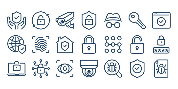 Safety, security and protection concept editable stroke outline icons set isolated on white background flat vector illustration.