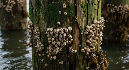 Barnacles on Weathered Wooden Pier Post