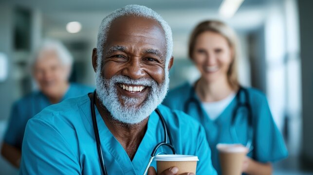 Two joyful healthcare professionals, one smiling older man and a woman, enjoy their coffee break in a bright hospital setting, representing dedication and compassion in their work. - Powered by Adobe