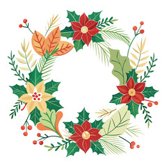 A festive christmas wreath with poinsettias holly and berries isolated on white background
