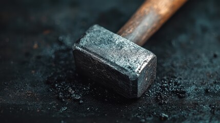 A rugged hammer rests on a dark surface, showcasing its metallic sheen and the gritty texture surrounding it, symbolizing strength and craftsmanship in metalwork.