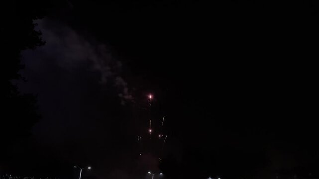 Fireworks display is lit up in the night sky. The fireworks are shooting up into the air, creating a beautiful and colorful display. Scene is festive and celebratory