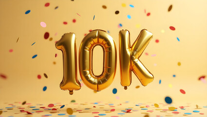 10k, gold foil balloons, festive celebration, party decoration, confetti, shiny, metallic, sparkle, iridescent, colorful, vibrant, joyful, celebratory