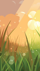 Abstract illustration of sunlight shining through grass and fluffy clouds with transparency