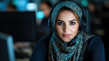 A focused woman with a headset sits in an office, ready to assist clients. Her professional demeanor suggests confidence and competence in handling inquiries efficiently.