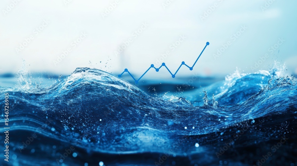 Poster upward trending graph over splashing ocean waves, symbolizing growth and overcoming challenges.